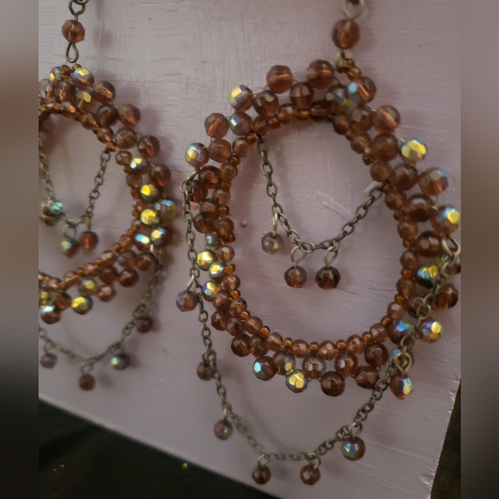 NEW! Gorgeous Handmade Beaded Hoop Tassel Earrings – Amber & Iridescent